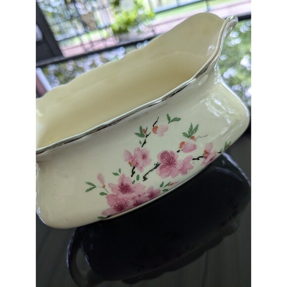 Vintage Canarytone Gravy Boat Cherry Blossoms Unmarked Silver Trim Porcelain - Picture 8 of 14